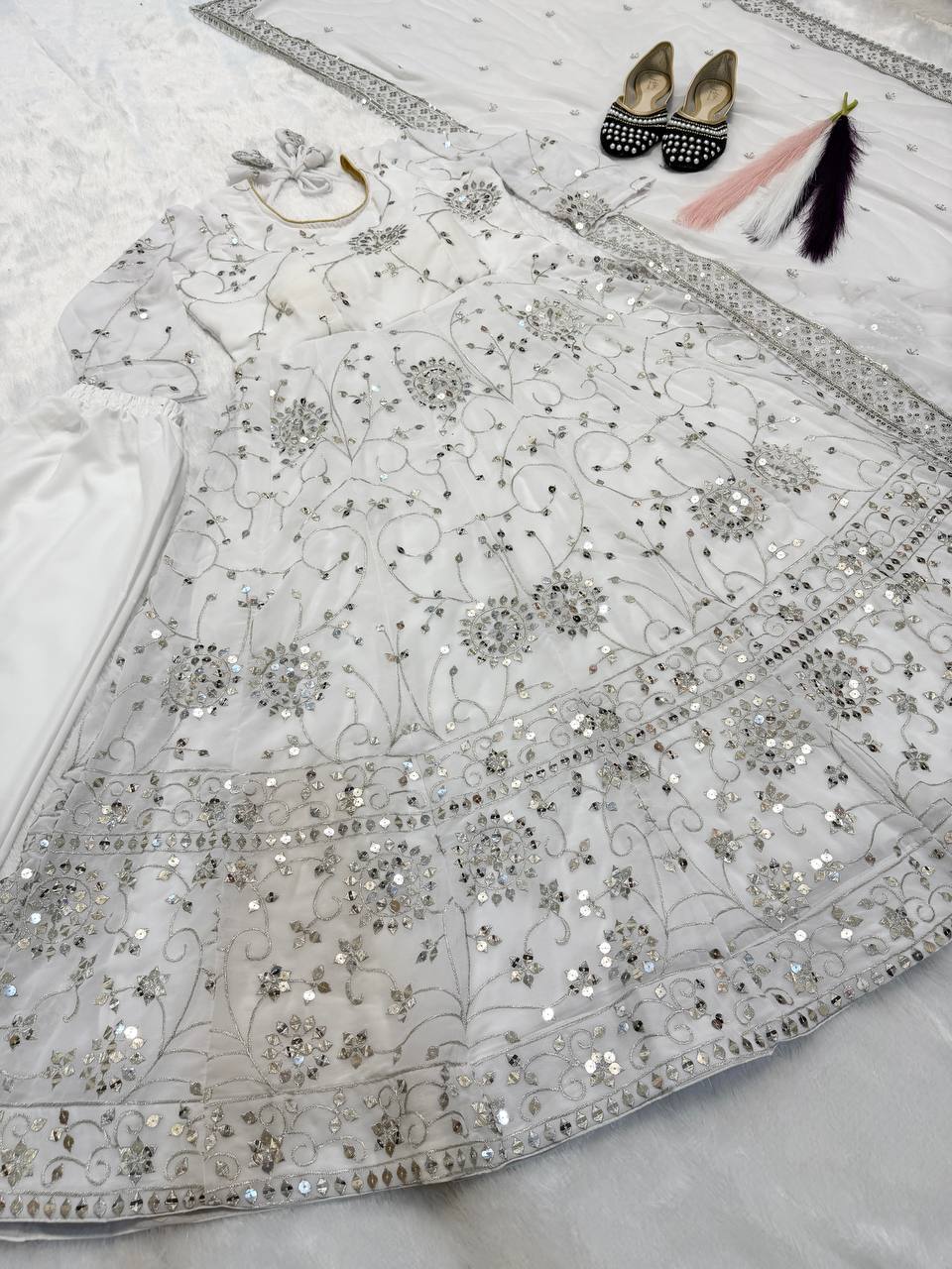 Pristine Ivory Mirror-Work Anarkali